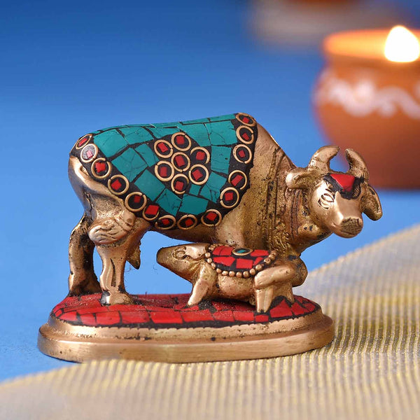 Colorful Brass Figurine Cow and Calf (Height 2.5 Inch)