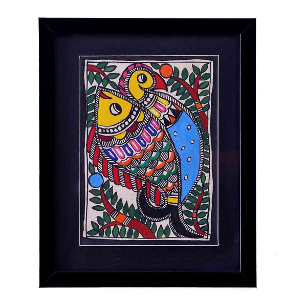 Fascinating Fish and Peacock Madhubani Painting (8.5*10.5 Inches)