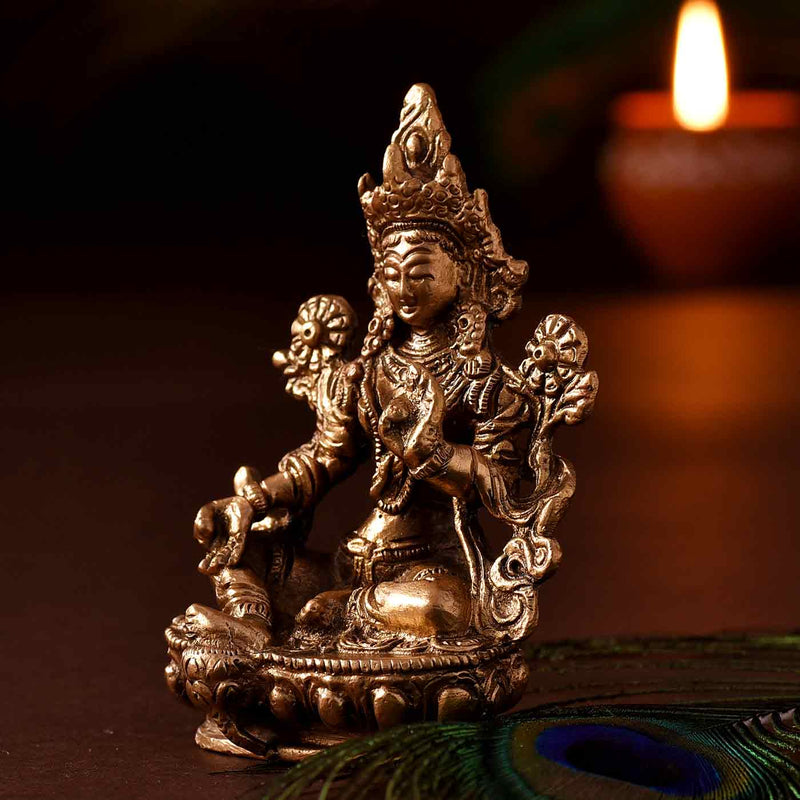 Artistically Crafted Goddess Laxmi Brass Idol - Height 3.8 Inch