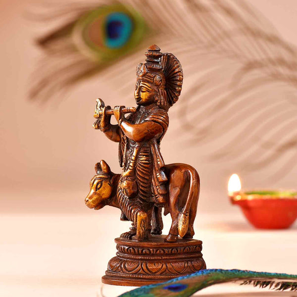 Brass Idol Lord Krishna With Cow & Flute - 4.5 Inch