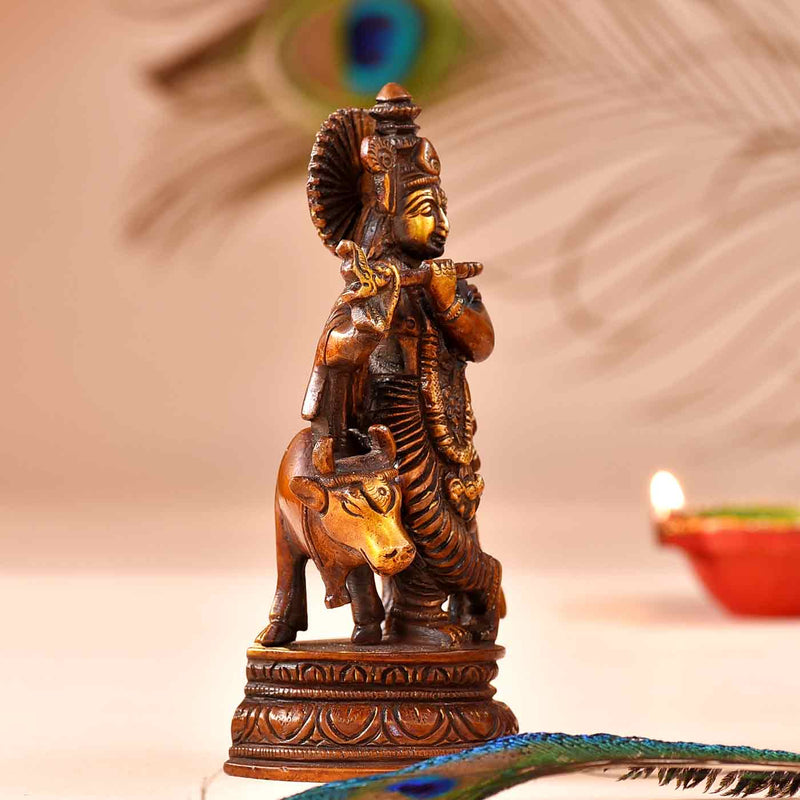 Brass Idol Lord Krishna With Cow & Flute - 4.5 Inch