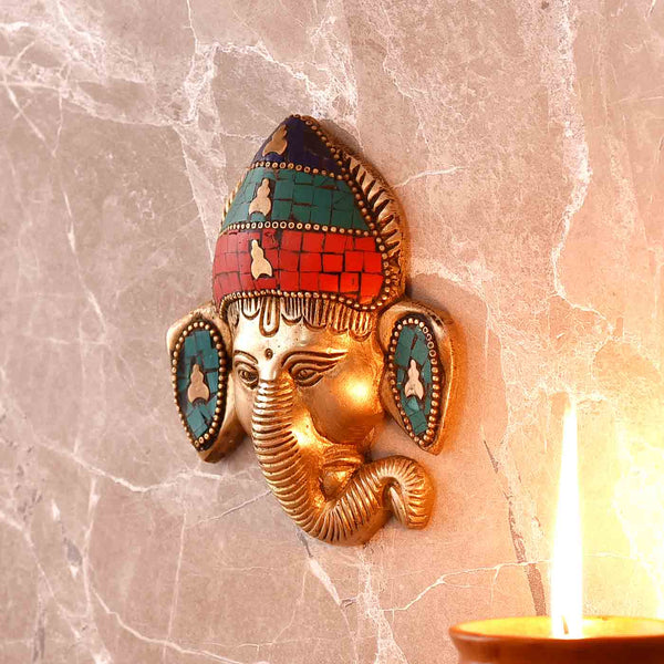 Ganesha Face Brass Wall Hanging - Height 4.5 Inch