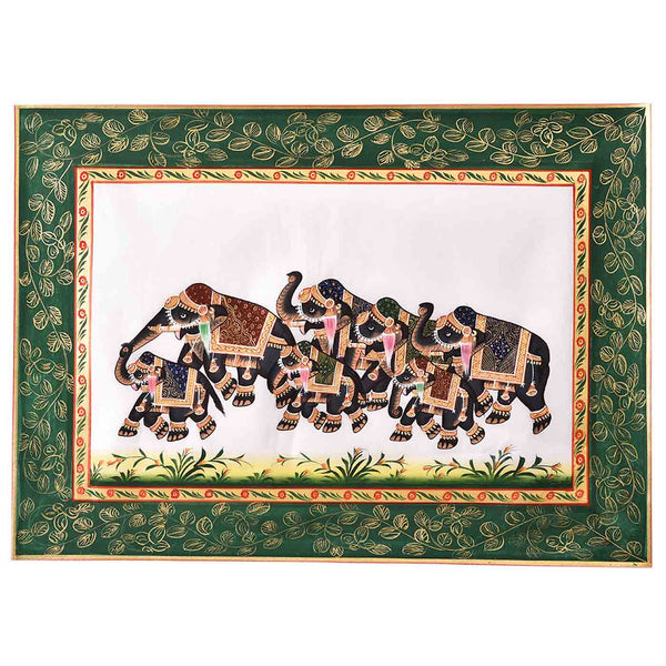 Mughal Art Elephant Group Rajasthani Painting (19.5*14 Inches)