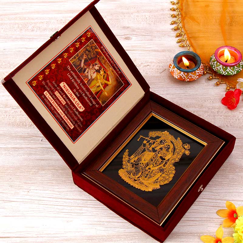 22ct Gold Work Om Couple Krishna Radharani Wooden Photo frame