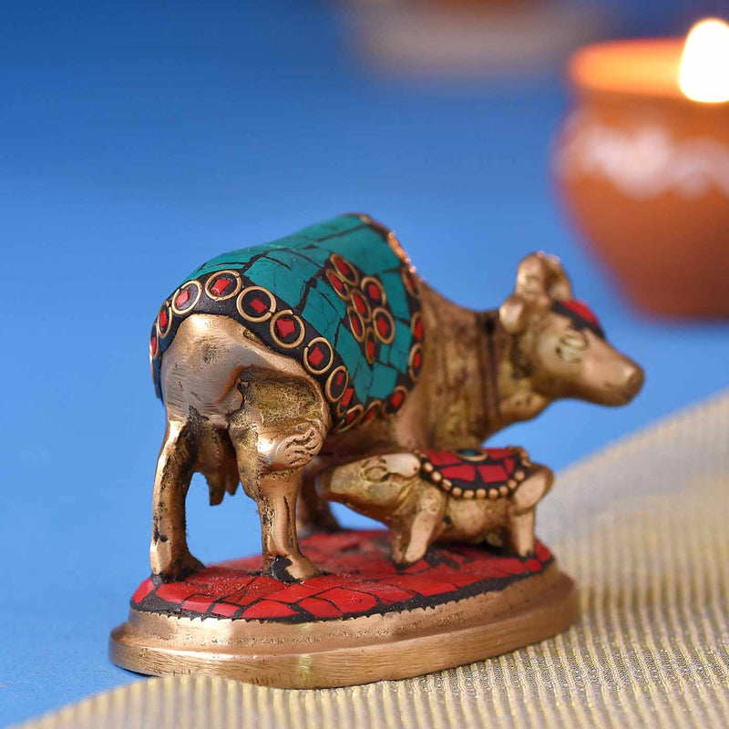 Colorful Brass Figurine Cow and Calf (Height 2.5 Inch)