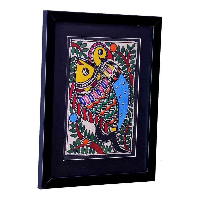 Fascinating Fish and Peacock Madhubani Painting (8.5*10.5 Inches)