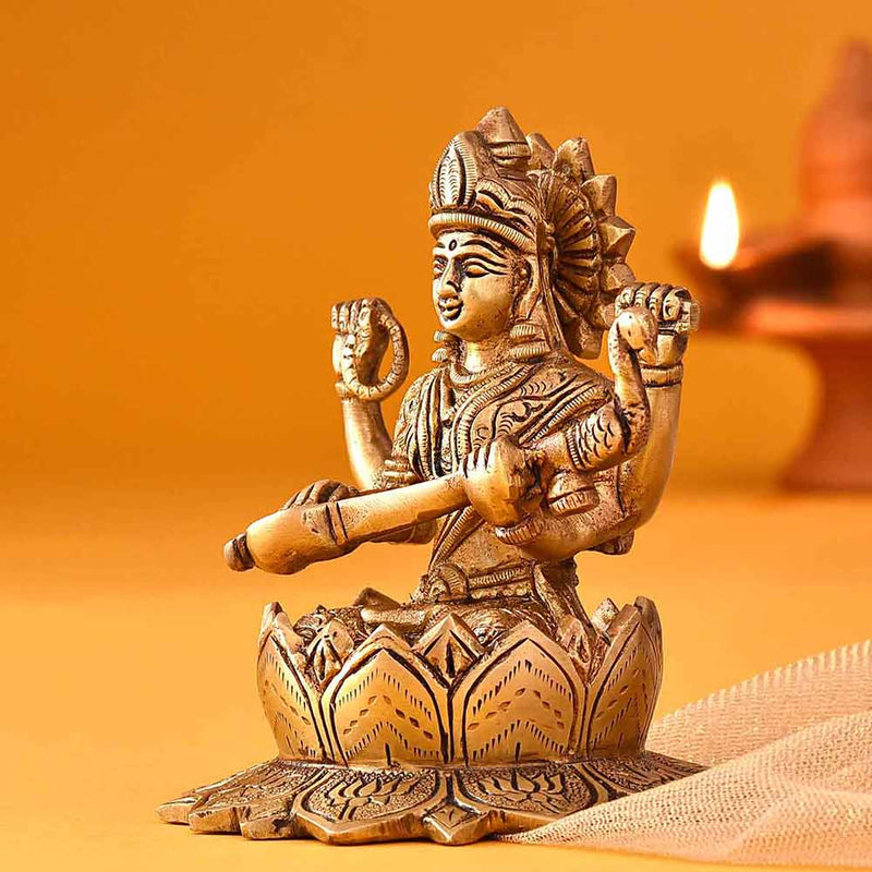 Lotus Sitting Goddess Saraswati Brass Idol (Height 5 Inch)