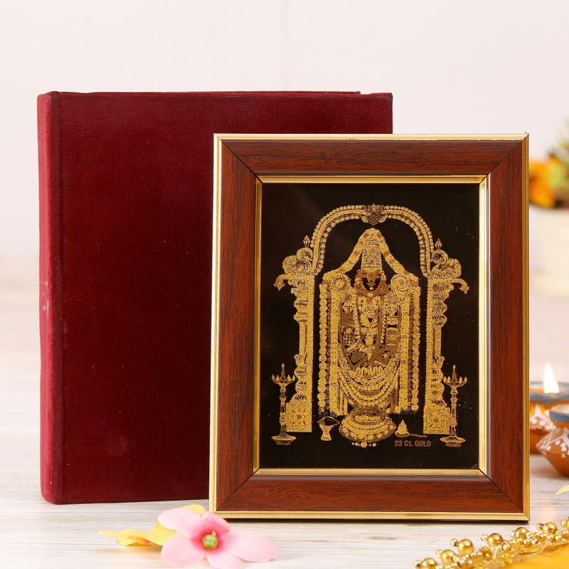 22ct Gold Work Lord Tirupati Bala Ji Wooden Photo frame