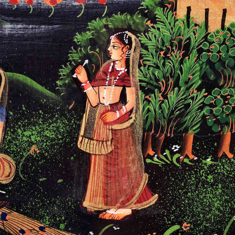 Radha Krishna Raas Silk Painting (17.5*10.5 Inches)